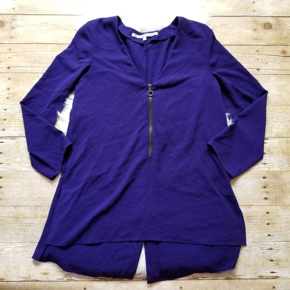 RACHEL ROY FRONT ZIP 3/4 BLOUSE TOP TEXTURED